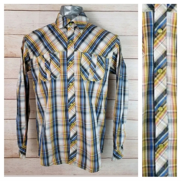Westecs M Blue Yellow Plaid Snap Shirt Flip-Cuffs - Picture 2 of 6